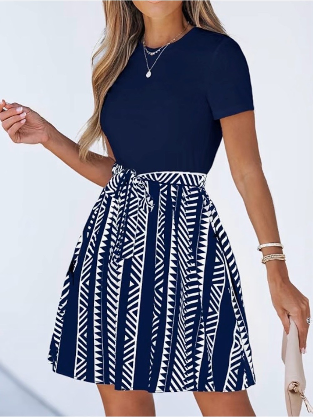 New Belted Geo Print Mini Combo Dress